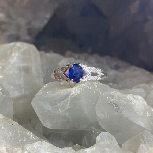 Handmade silver ring with natural blue sapphire and moissanites size 8
