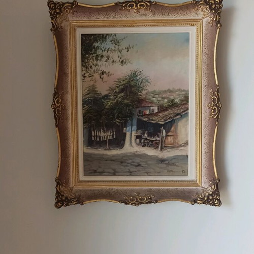 Painting used with Poli signature, traditional village scene