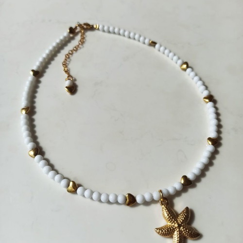 Summer handmade necklace with gold-plated starfish and hearts