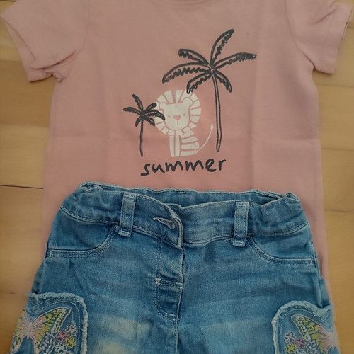 Lc Waikiki girls' set pink T-shirt and blue denim shorts like new, 92-98 cm