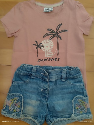 Lc Waikiki girls' set pink T-shirt and blue denim shorts like new, 92-98 cm
