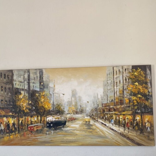 Painting on canvas urban scene with autumn aura like new 140x70 cm