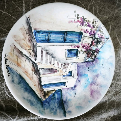 Decorative wall plate with watercolor by Th. Ousta like new