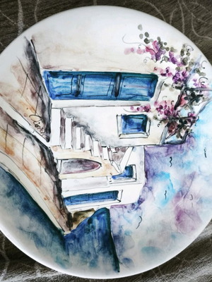 Decorative wall plate with watercolor by Th. Ousta like new
