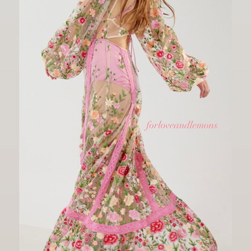 For Love & Lemons Luna Embroidered Bouquet Floral Maxi Dress like new, pink, size S