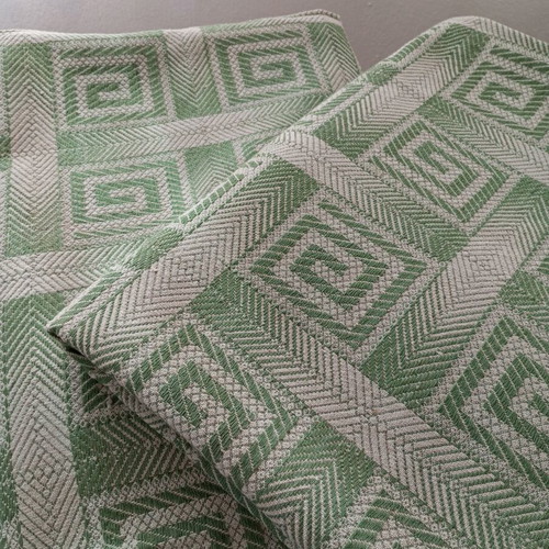 Set of 2 vintage woven blankets with meander pattern, sage green and beige