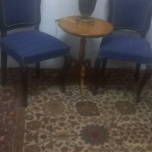 Classic wooden chairs set of 2 like new with blue plaid upholstery