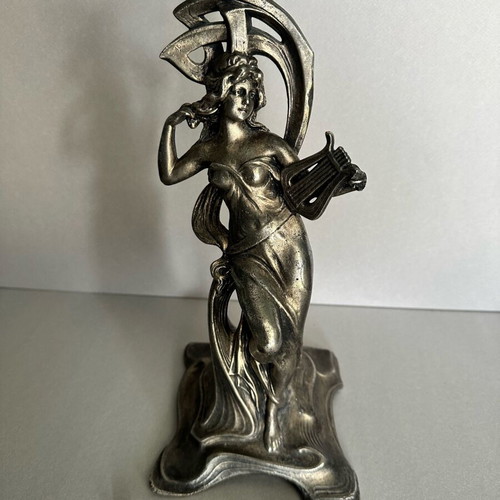 Antique Art Nouveau Metal Candlestick with Female Muse and Lyre used