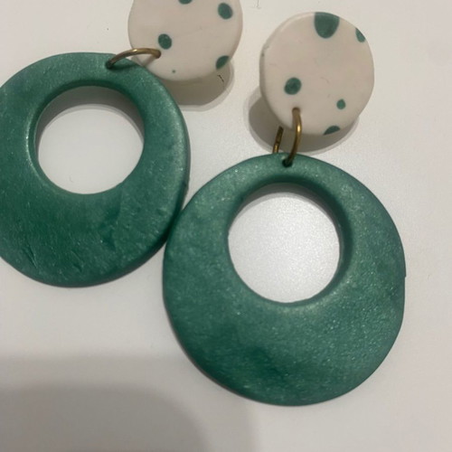 Handmade clay earrings used, green and white