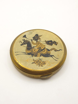 Vintage metal powder box like new with witch riding horse illustration