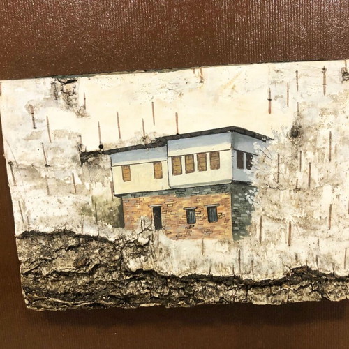 Handmade painting on a thin wooden bark with the theme "Mount Athos"