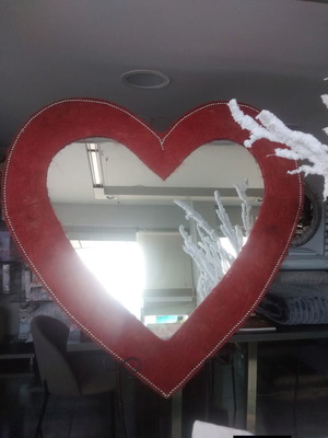 Handmade mirror with wide red woven frame 1m x 1m like new