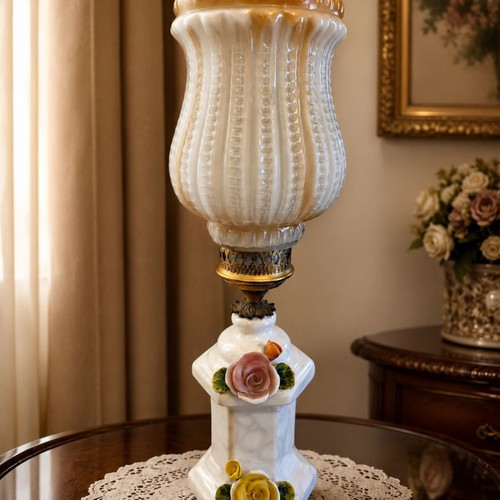 Vintage porcelain table lamp 60cm with floral decorations