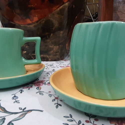 Mint color cups with matching saucers, set of 2