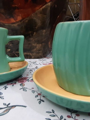 Mint color cups with matching saucers, set of 2