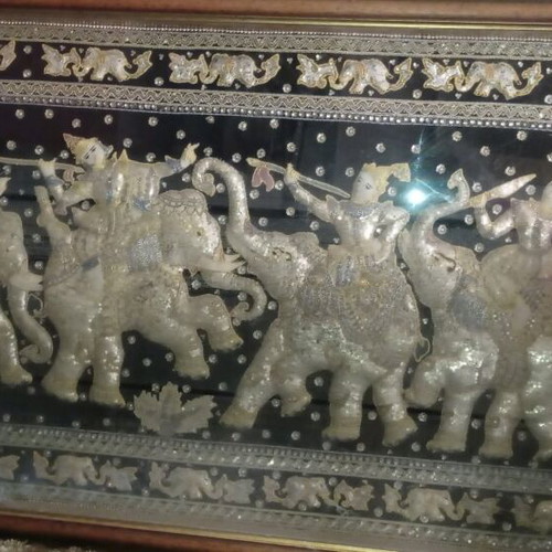 Burmese Embroidered Burma Like New with Warriors and Elephants in Frame