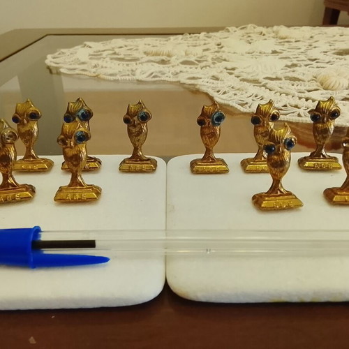Set of 10 vintage small bronze Athena owls used