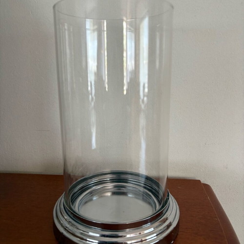 Glass candleholder with metal base like new, 19 cm height