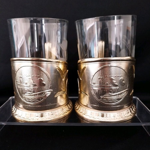 Vintage set of 2 metal holders with USSR glasses