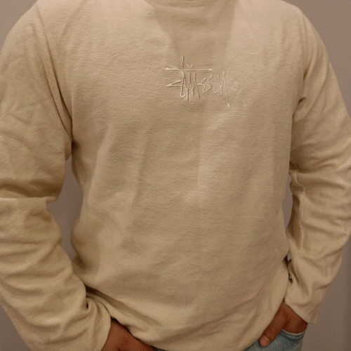 Unisex Stüssy cream mock neck sweatshirt used with embroidered logo