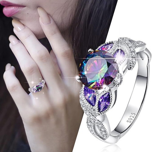Women's ring new with rainbow cubic zirconia and amethysts