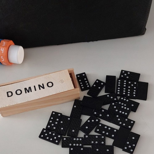 Black Fabric Storage Box 30x30x30 cm with Educational Toys and Wooden Domino like new