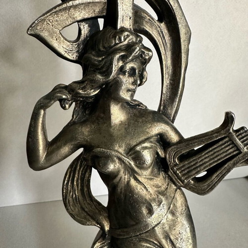 Antique Art Nouveau Metal Candlestick with Female Muse and Lyre used