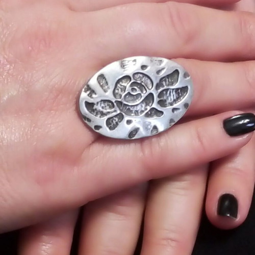 Handmade statement ring new, brutalist oval embossed silver