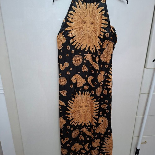 Abstracto long satin dress black with sun pattern, size L, like new
