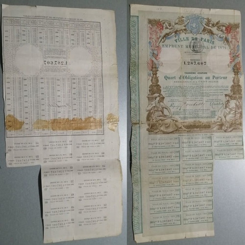 Ville de Paris municipal loan 1871 used, quarterly bond