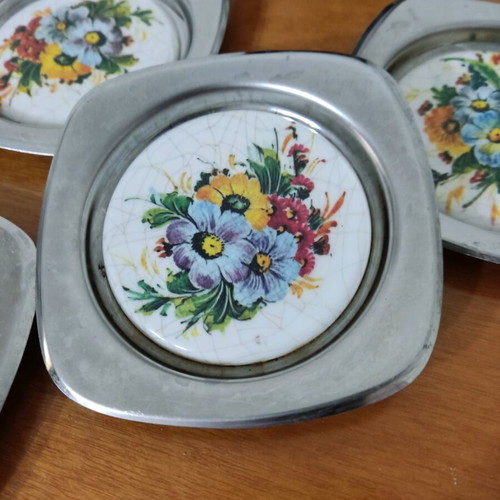 Vintage metal coasters with porcelain like new