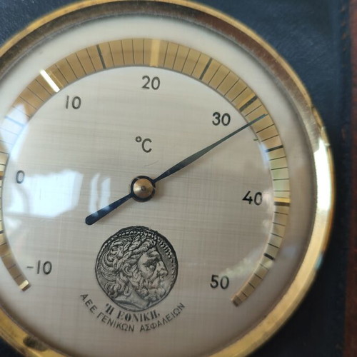 Vintage Ethniki Thermometer used, wooden base with leather