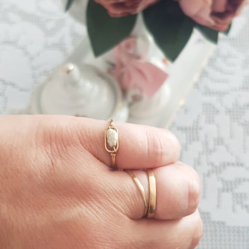 14K gold ring with real pearl, small size, handmade