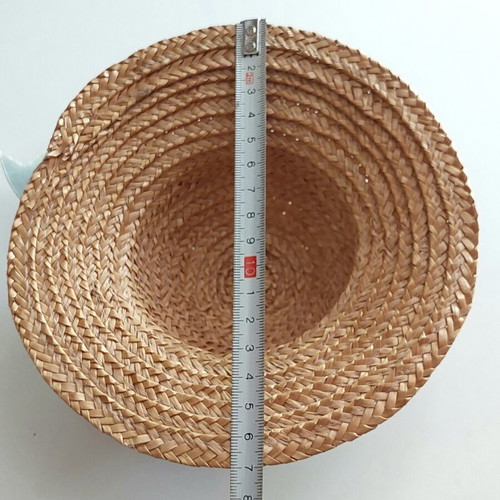 Straw hat for dolls used, miniature with gray satin ribbon