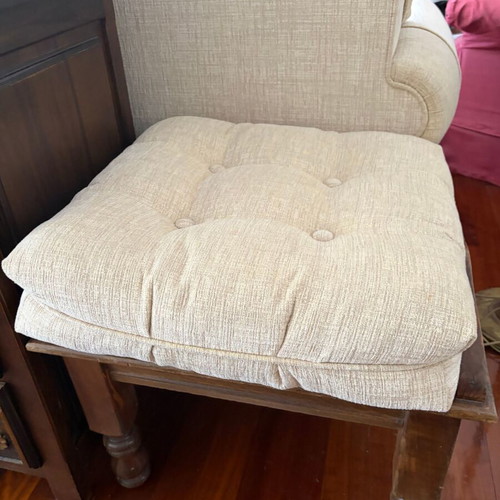 Living room set with beige three-seater and two-seater sofa, 2 stools