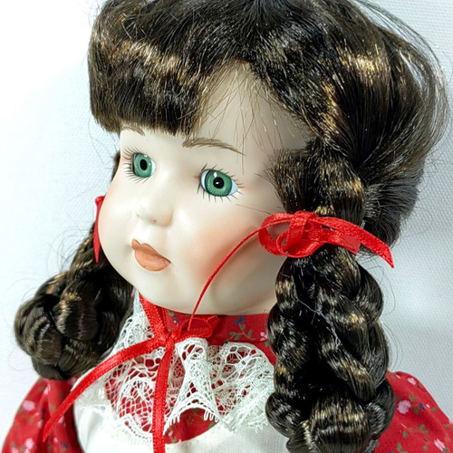 Vintage Heritage Mint Porcelain Doll 1990 Red White Floral Dress
