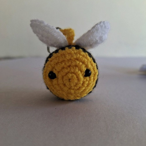 Knitted bee keychain handmade with silver ring made to order
