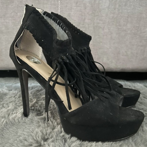 High Heels used, black platform sandals with fringes and zipper, size 38