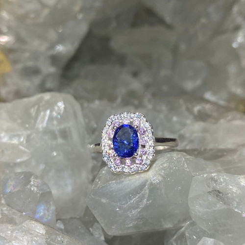 Handmade silver ring with natural blue sapphire, pink quartz & moissanites, size 7