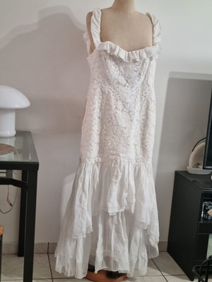 Ρομαντικό boho δαντελένιο νυφικό φόρεμα με βολάν και στρωτή φούστα, κορσέ, λευκό, S