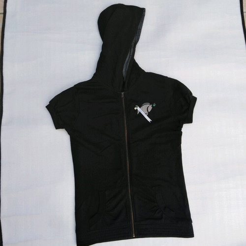 Fleece jacket with short sleeves black like new with checkered hood