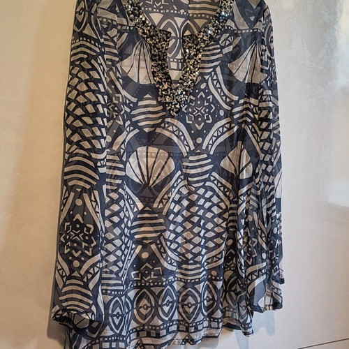 Mia blue and white transparent tunic shirt with sequin V neckline, 4XL