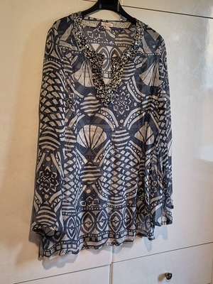Mia blue and white transparent tunic shirt with sequin V neckline, 4XL
