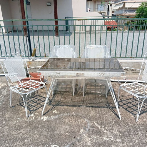 Wrought Iron Outdoor Dining Set with Glass Tabletop, like new