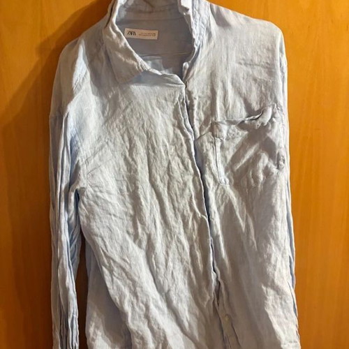 Zara Blue Linen Shirt Size L Like New, Long Sleeve