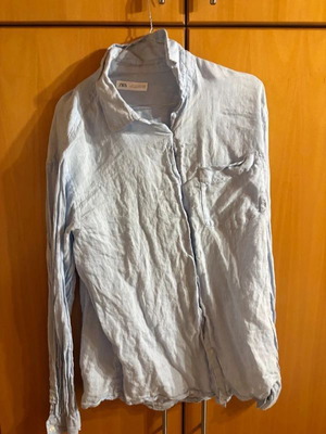 Zara Blue Linen Shirt Size L Like New, Long Sleeve