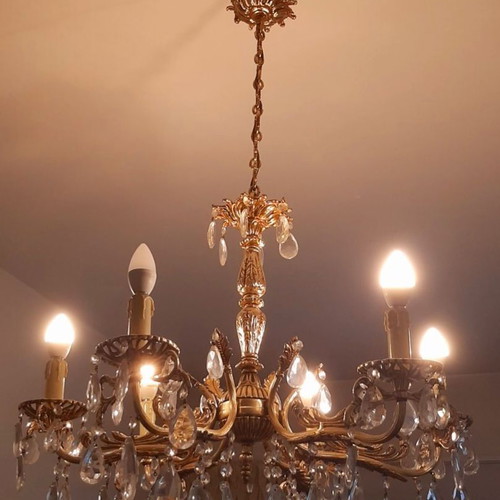Chandelier, brass with crystals