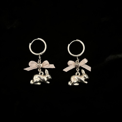 Handmade earrings with bunny and bows, new, pink and silver