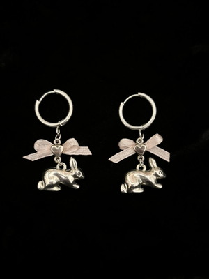 Handmade earrings with bunny and bows, new, pink and silver