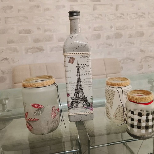 Handmade decorative set with bottle and three jars, new